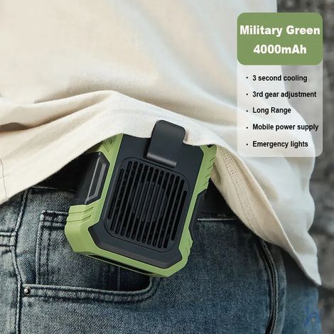 Ventilateur de taille portable et silencieux (vert), ventilateur rafraîchissant à pince pour les sports de plein air, batterie externe 3 en 1 avec lampe de secours (1/5)