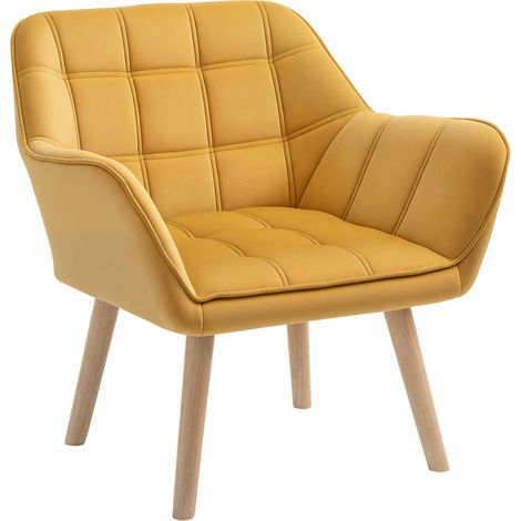 Stylish Yellow Accent Chair with Wide Arms, Slanted Back, Padded Seat, Metal Frame and Wooden Legs for Bedroom and Living Room
