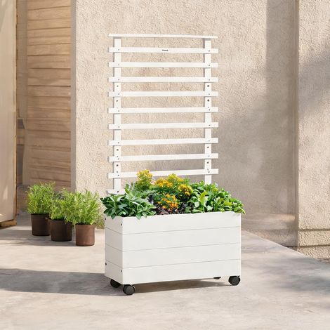 Blanc Jardinière sur roulettes avec treillis en bois massif 76 x (1/5)