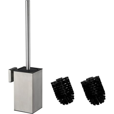 Toilet Brush 304 Stainless Steel Toilet Brush Kit with Wall Mount and Brush Holder - Includes 2 Brush Heads (Square Silver) (1/5)