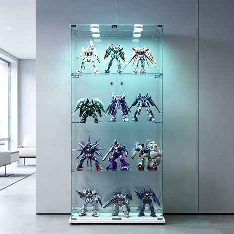 Vitrine en verre trempé 4 niveaux, Éclairage LED réglable, présentoir à double porte avec serrure, Protection anti-basculement – Dimensions 78.5x35x163 cm