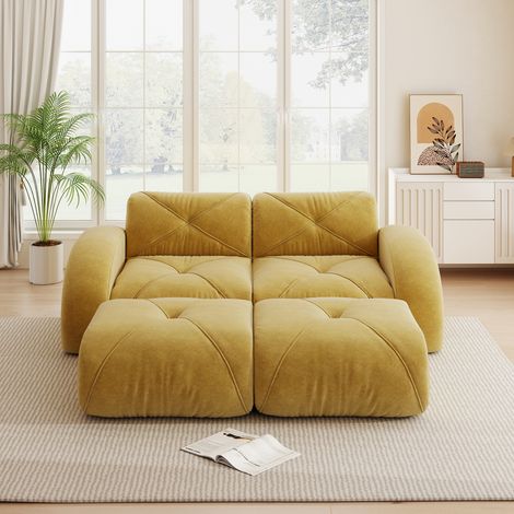 Canapé modulable 2 places avec 2 poufs, sans structure, antidérapant, livré monté – idéal salon/appartement, couleur jaune (1/4)