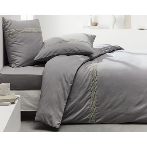 Parure de lit 100% Coton – Housse de Couette Prestige + Taies d’Oreillers 63x63cm – Luxury Macrame - acier - 260 x 240 cm (1/4)