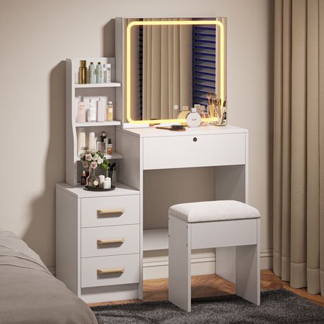 Coiffeuse avec miroir LED, Table de Maquillage Moderne avec 3 Tiroirs et Étagères Intensité Réglable, pour Coiffeuse moderne chambre (1/5)