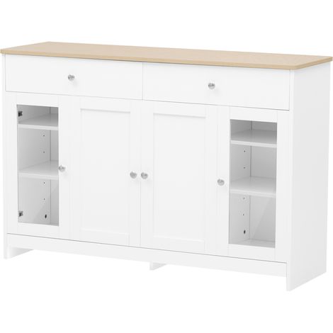 Credenza sideboard in MDF bianco effetto legno, 4 ante, 2 cassetti, vetro, 120 cm (1/5)