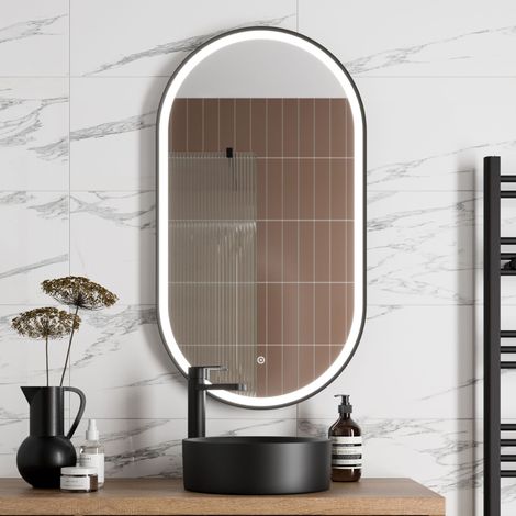 Aquari Oval LED Mirror Touch Designer Bathroom Demister Mains Matt Black 550x1000mm