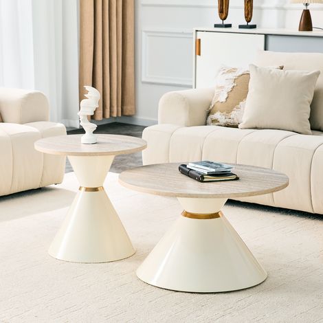 Set de 2 tables gigognes rondes, effet travertin, métal crème avec détails dorés (1/5)