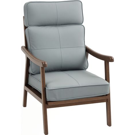 Wohnzimmersofa mit PU-Bezug und Holzrahmen, dick gepolsterte Kissen, graues und walnussfarbenes Holz
