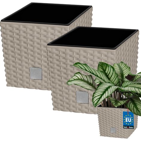 KOTARBAU® Kotarbau® Pot de Fleur Exterieur 22 x 22 cm - avec Insert Intérieur Lot de 2 - Pot Plastique Plante 9,8 L - Pot de Fleur Carré - Aspect Rotin - Moka (1/5)