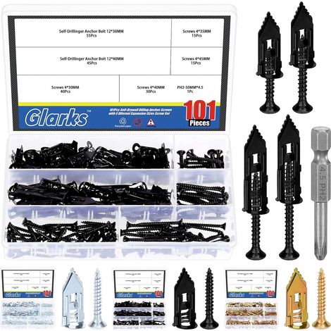 201pcs Drywall Anchors Self Drilling with Screw Set, 100pcs Carbon Steel Hollow Anchor Wall Screw with 100pcs Screws and 1pcs PH2 Bit Kit for No Drilling or Holes in Wall (1/5)