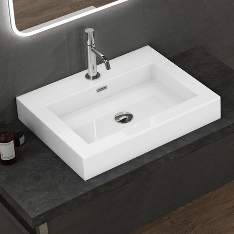 doporro Lavabo da Appoggio Rettangolare, Lavabo Bagno Sospeso con Foro Rubinetto e Troppopieno in Marmo Resina Bianco Lucido, Lavandino Bagno 60x48x10cm Colossum18