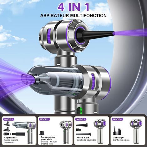Aspirateur Voiture 4 en 1 Puissant 28000 PA Aspirateur à Main sans Fil 3 Vitesses 240 000 TR/Min pour Voiture, Cuisine, PC, canapé, Bureau, Maison et Nettoyage des Poils d'animaux