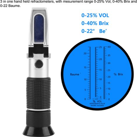 Réfractomètres portables pour raisins et vins (alcool) 0-25 % vol. 0-40 % Brix 0-22 Baumé