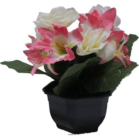 Vasque fleurs artificielles cimetière roses et lys H 28 cm D 25 cm Rose pâle - couleur: Rose pâle