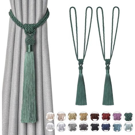 Lot de 2 crochets à rideaux avec corde tressée et nœud, verts, élégants et décoratifs pour maison et bureau. (1/5)