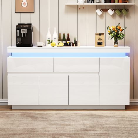 Mueble de almacenaje 140 x 35 x 72,5 cm con 2 cajones, 4 puertas y LED, blanco HAVRYA (1/5)
