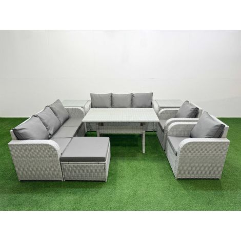 Fimous PE Rattan High Back Lounge Sofa Set Patio Rectangular Dining Table & Chairs Set with 3 Seater Sofa Reclining Chair Big Footstool 2 Side Table Light Grey (1/4)