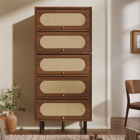 Commode Haut 80 cm en Noyer, Commode de chambre avec Cannage en Rotin - 5 Portes et Pieds en Métal - Meuble de Rangement Design pour Salon