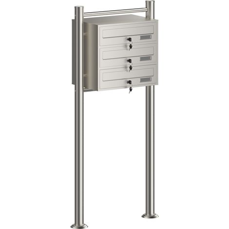 Wiltec 3er Briefkastenanlage Edelstahl 556 x 270 x 1200 mm, Standbriefkasten mit 3 Fächern, Schlüssel und Namensschild, Briefkasten Postkasten mit Ständer