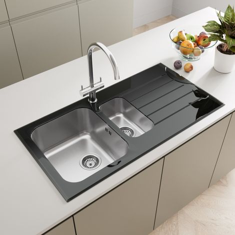 ArtiKitch Kitchen Sink 1.5 Bowl RH Drainer Black Glass Stainless Steel Inset Waste (1/4)