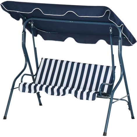 Balancelle 3 places Toit imperméable Inclinaison réglable Coussins Bleu Blanc rayé 150x120x200cm
