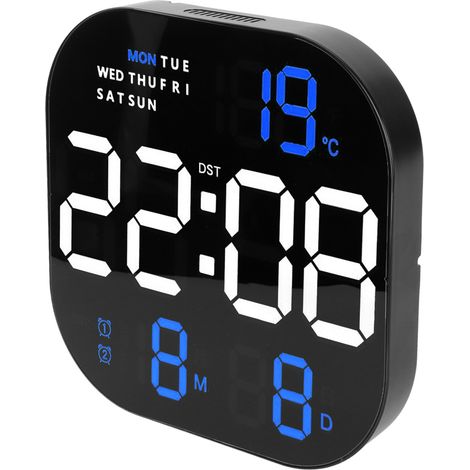 Horloge numérique grand écran LED USB 5V avec télécommande multifonctionnelle, affichage de la température et du mois, idéale pour le bureau ou le salon. Lumière bleue bicolore. (1/5)