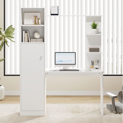 Bureau en MDF blanc 123,5 x 45 x 168,5 cm avec placard et étagères de rangement (1/5)