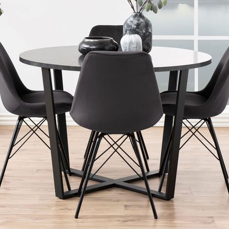 Table à manger ronde 110 cm plateau aspect marbre noir et métal noir (1/5)