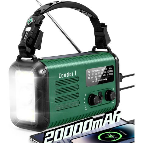 Kurbel Radio de notification solaire portable 20 000 mAh avec amplificateur AM/FM, alarme SOS, lampe LED et lampe de poche, notification de chute (vert militaire) (1/5)