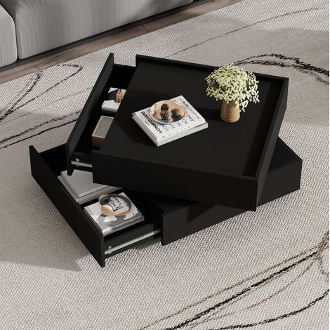 Mesa de centro de tablero de partículas negro 60 x 60 x 38 cm, giratoria 360°, 2 cajones (1/5)