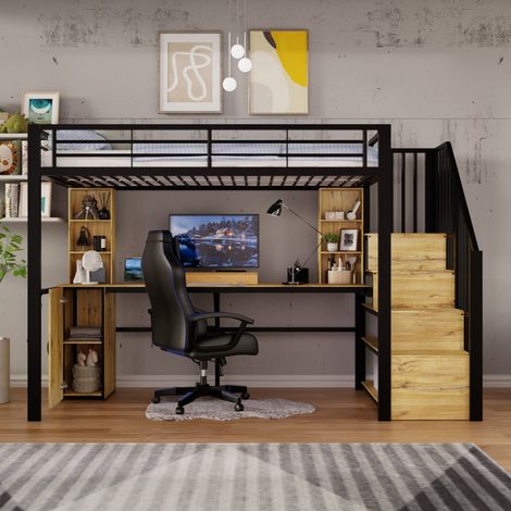 Cama alta 90 x 200 cm de metal negro con escritorio, armario y almacenaje (1/5)