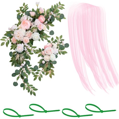Set bestehend aus 2 künstlichen Blumengirlanden und 1 halbtransparentem Chiffon-Bogen mit Blumen für Hochzeitsbögen und Blumendekoration. (1/2)