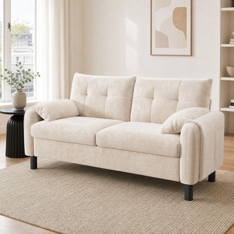 Sofa 2-Sitzer 158/80/88,5 cm aus Chenille in Beige mit Seitentaschen und Kissen, kompakt und bequem (1/5)