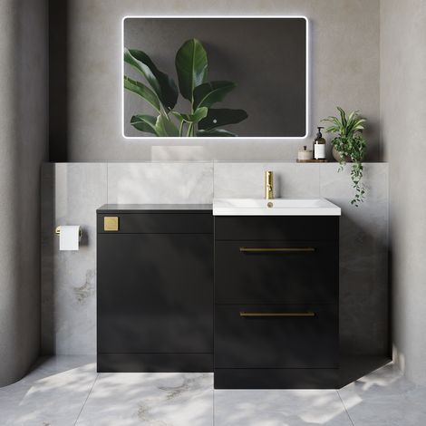 Napoli 460 Cento Matt Black 1200mm 2 Drawer Vanity Unit Toilet Suite with Glide Basin - 1200mm - Brushed Brass 320mm HandleWithout Kingston Toilet Pan