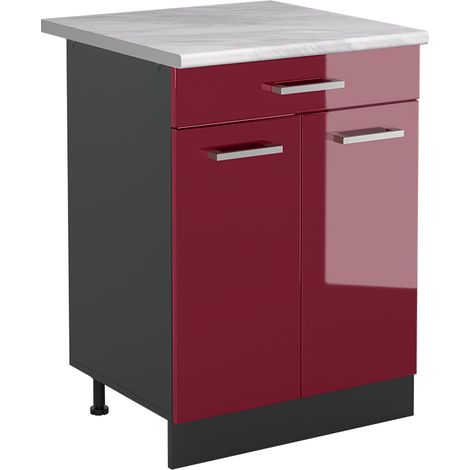 Mobiletto base cucina R-Line, Rosso lucido/Antracite, 60 cm con cassetto piano di lavoro Marmo, Vicco (1/5)
