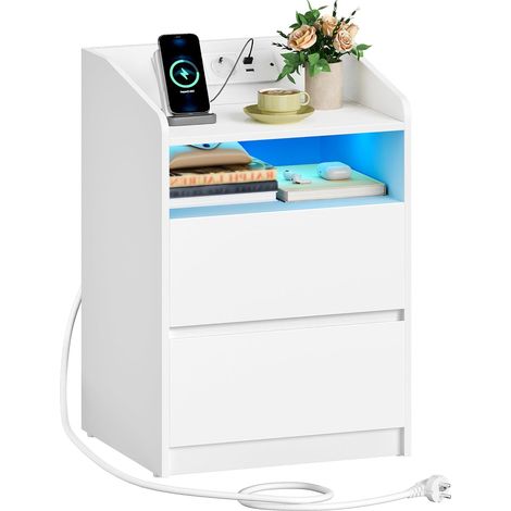 Table de Chevet, Tables d’Appoint, 2 Port USB-A, 2 Port USB-C, Table de Nuit avec 2 tiroirs, Éclairage LED, Compartiment Ouvert, Chambre, Salon, Blanc (1/5)