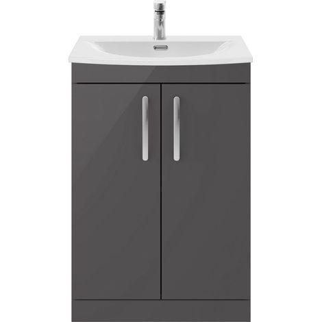Millwich Contemporary 2 Door Floor Standing Vanity Unit with Curved Basin, Gloss Grey, 600mm