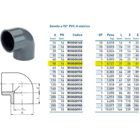 Gomito a 90° PVC-U metrico ø50 PN16 per incollaggio INPFGO150000 - -  IRRITEC - -