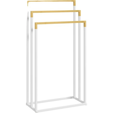 Porte-serviettes debout, construction en bambou et acier, design à 3 niveaux, dimensions 45x22,5x86 cm, idéal pour la salle de bain ou la buanderie, durable et élégant (1/5)