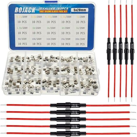 5x20mm Inline Screw Fuse Holder with Red Wire 16AWG + 15 Values 150pcs Fast Blow Glass Fuses 5x20mm 250V 0.1-20A Assortment Kit (1/5)