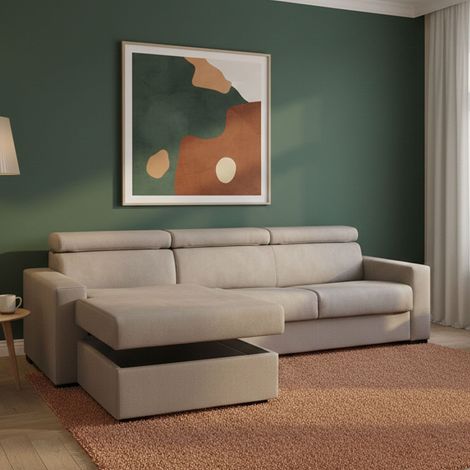 Dmora - Sofa cama Daasho, Sofá de esquina, 100% Made in Italy, Sofá con apertura giratoria, con Contenedor Izquierdo Península, con reposabrazos estándar, Cm 280x95h85, Tórtola (1/5)