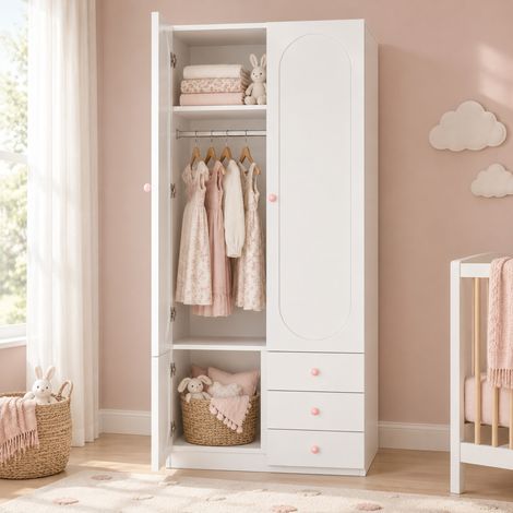 Armoire enfant 2 portes avec 3 tiroirs et penderie, 80 x 50 x 200 cm, blanche, poignées roses HAVRYA (1/5)