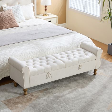 Banc de rangement 2 places en velours beige, coffre à double couvercle, méridienne avec accoudoirs roulés, convertible en lit d'appoint, piètement en bois d'hévéa, idéal pour entrée, salon ou chambre. (1/5)
