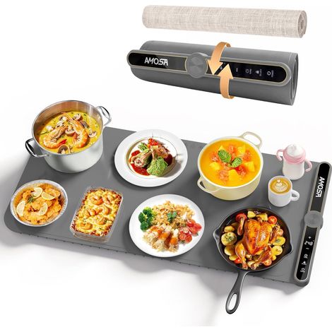 Chauffe Plat Électrique, Silicone Enroulable et Portable, 9 Température de Niveau 6 Contrôle de Minuterie, Pliable Flexible Plateau Chauffant Électrique pour Dîners en Famille et Fêtes (gris) (1/5)
