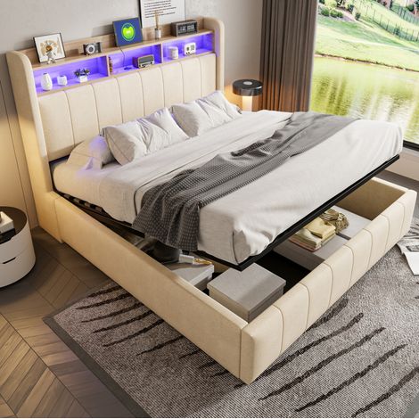 Lit rembourré 160x200 cm en lin beige avec LED, USB et coffre hydraulique (1/5)