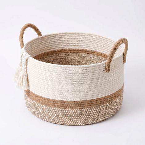 Grand panier à linge en corde de coton, panier de rangement tissée avec poignées renforcées, panier à jouets pliable pour chambre d'enfant, panier à linge pour salon, blanc, 40 x 40 x 25 cm (1/5)
