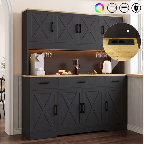Aparador buffet (150x40x180 cm), con iluminación LED, enchufes y puertos USB, aglomerado negro (1/5)