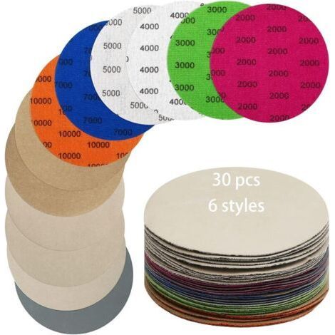 Lot de 30 Disques de Ponçage, Rond Papier de Verre 125 Mm Grain 2000/3000/4000/5000/7000/10000 Papier à Poncer Sec/Humide Utilisé (1/4)