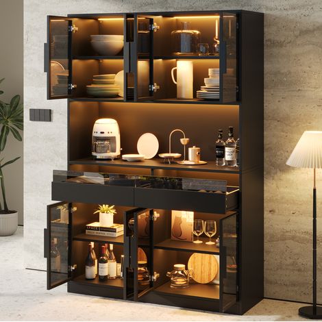 Vitrina LED 120 × 40 × 180 cm con 8 puertas de vidrio gris, 2 cajones y hueco abierto, mueble expositor para salón, comedor, cocina o barra – CHICFURN (1/5)