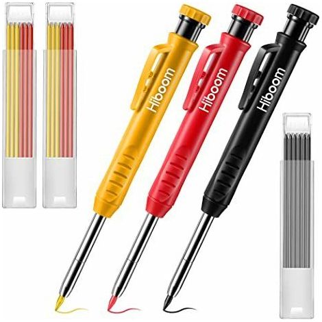 royaluxe - Paquet de 3 Crayons de Menuisier Solide avec 21 Recharges, Crayon Mécanique à Long Nez et Trou Profond Outil de Marquage avec Taille-Crayon Intégré pour Charpentier Cadeau, (1/5)